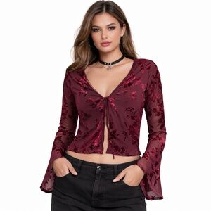 Y2K Burgundy Floral Crushed Velvet Sheer Tie Front Top Bell Sleeves Dark Fairy